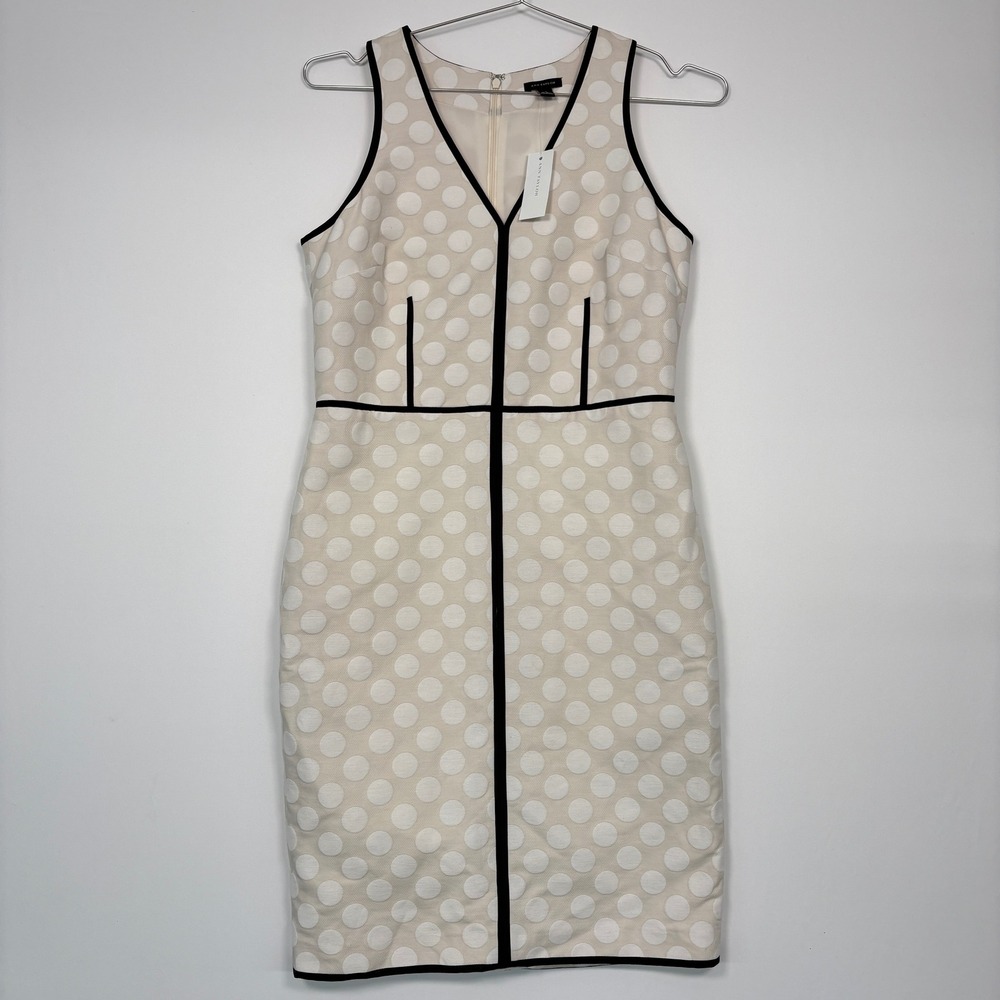 Ann Taylor Womens Sheath Dress 4 Cream Polka Dot Black Trim V-Neck NWT Career